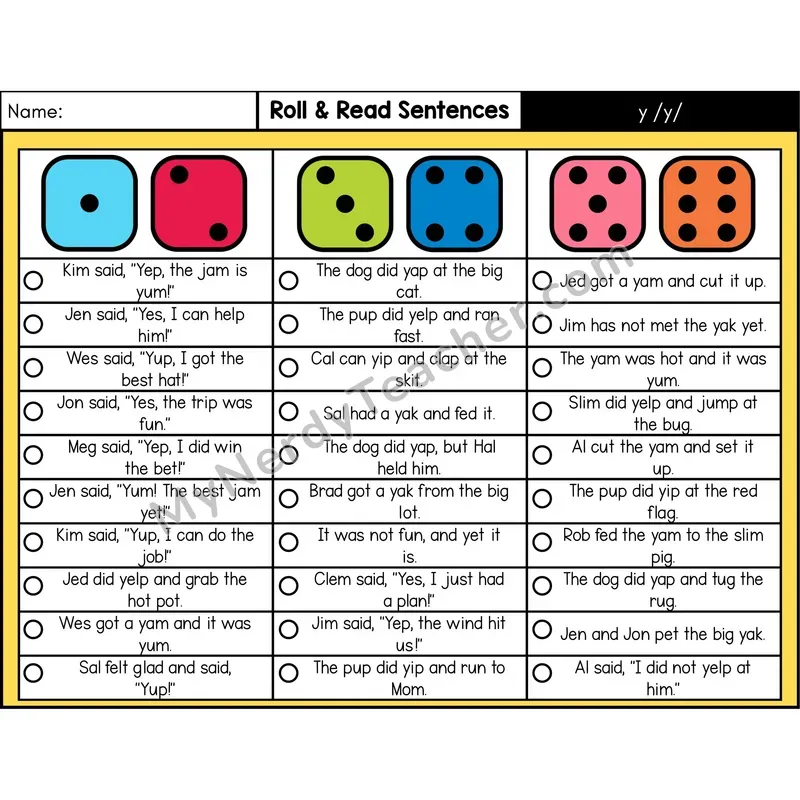 Consonant /y/ — Roll & Read Decodable Sentences (Color)