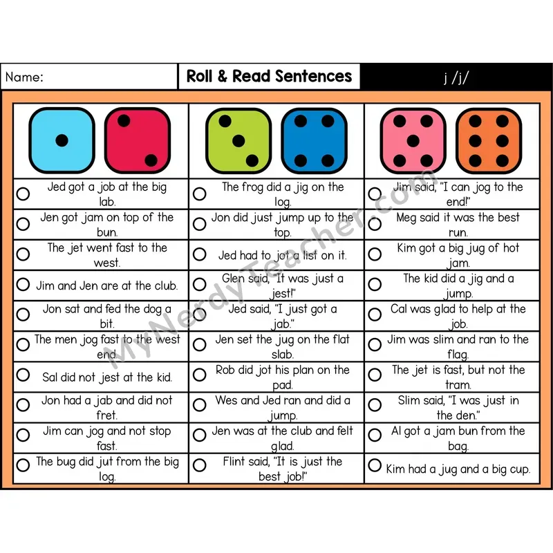 Consonant /j/ — Roll & Read Decodable Sentences (Color)