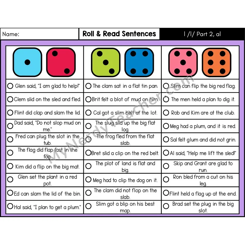 Consonant /l/ and al (Part 2) — Roll & Read Decodable Sentences (Color)