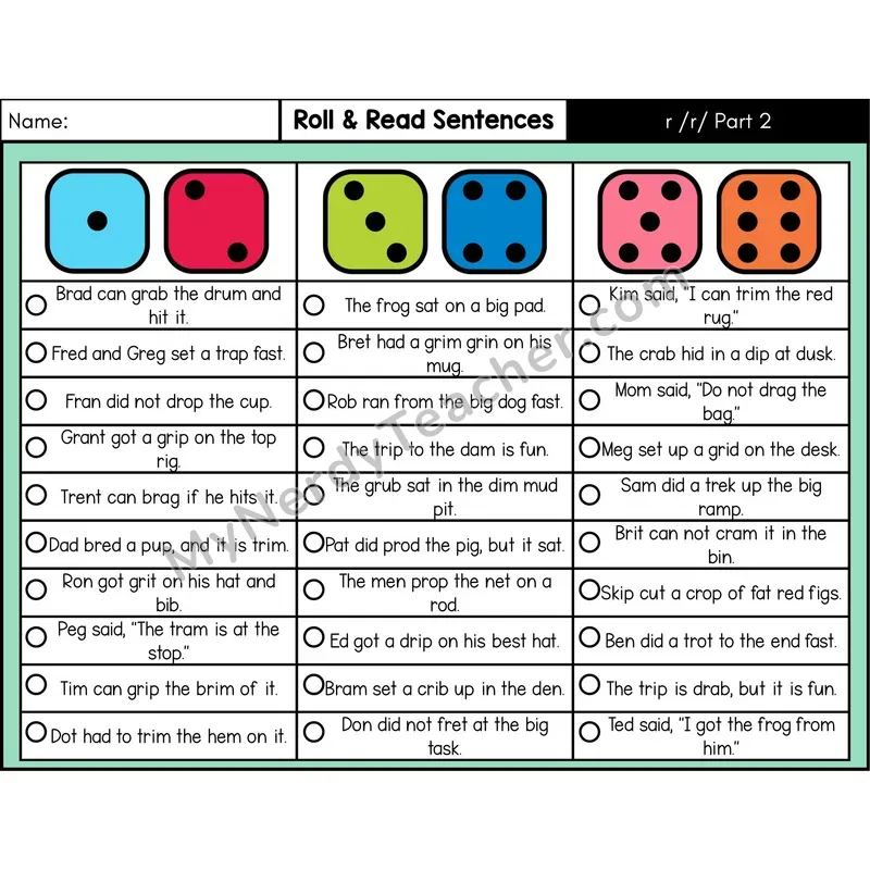 Consonant /r/ (Part 2) — Roll & Read Decodable Sentences (Color)