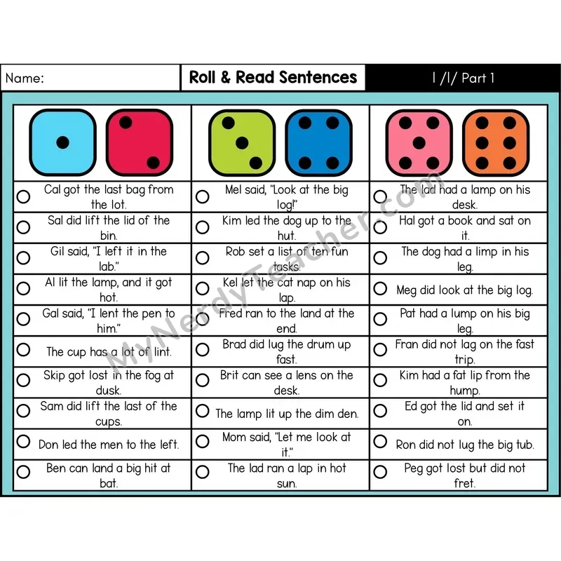 Consonant /l/ (Part 1) — Roll & Read Decodable Sentences (Color)