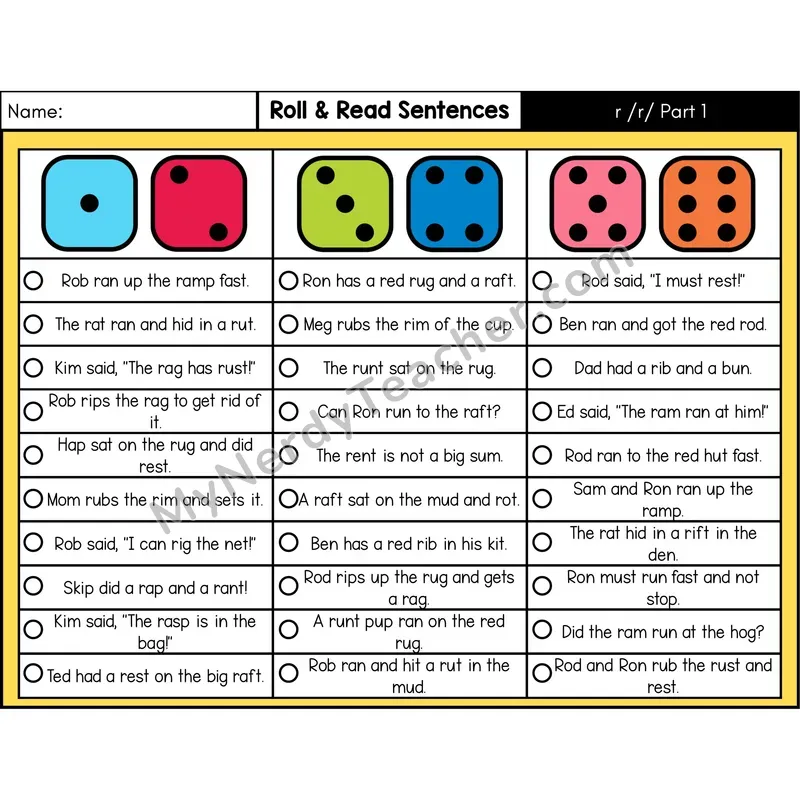 Consonant /r/ (Part 1) — Roll & Read Decodable Sentences (Color)