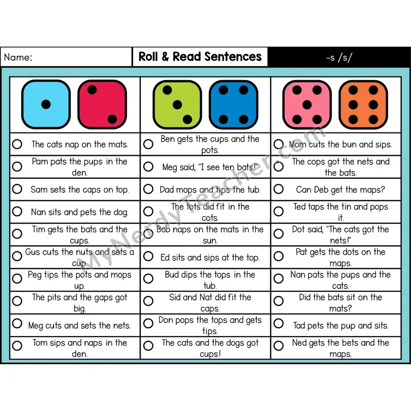 Ending -s /s/ — Roll & Read Decodable Sentences (Color)