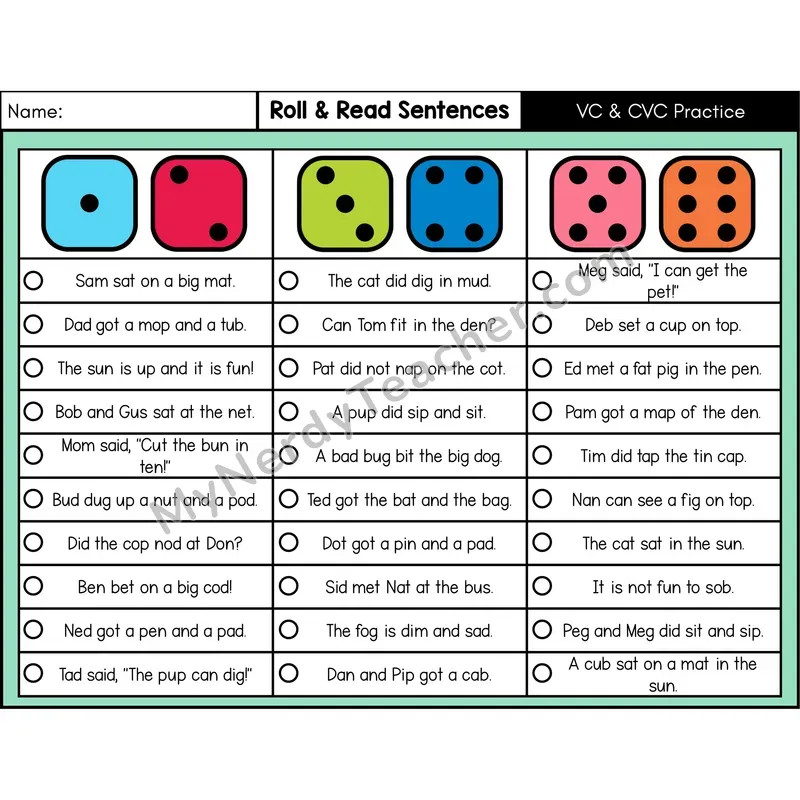 VC and CVC Words — Roll & Read Decodable Sentences (Color)