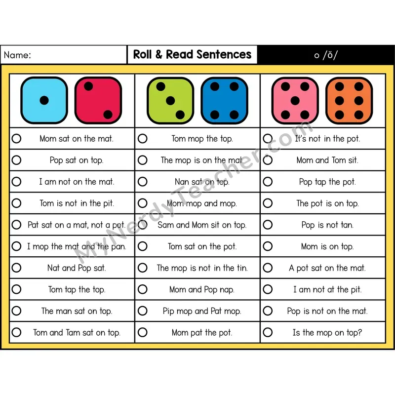 Short O — Roll & Read Decodable Sentences (Color)