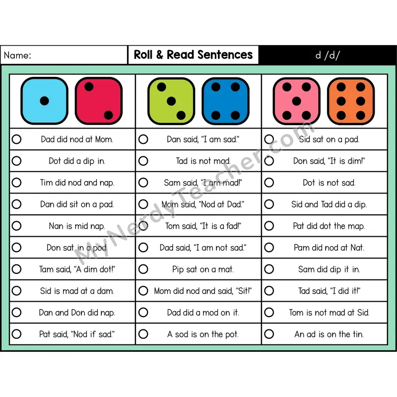 Consonant /d/ — Roll & Read Decodable Sentences (Color)