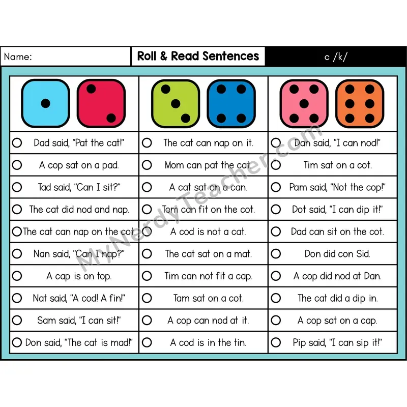 Consonant /k/ (c) — Roll & Read Decodable Sentences (Color)