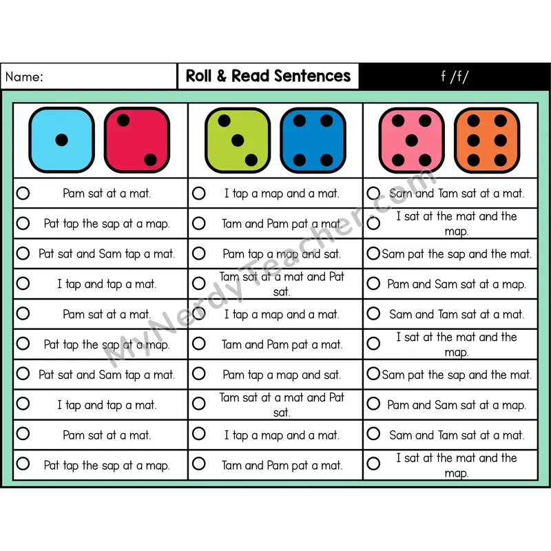 Consonant /f/ — Roll & Read Decodable Sentences (Color)