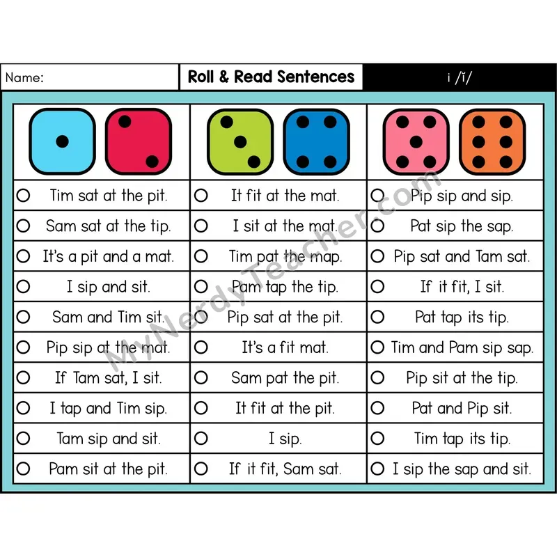 Short I — Roll & Read Decodable Sentences (Color)