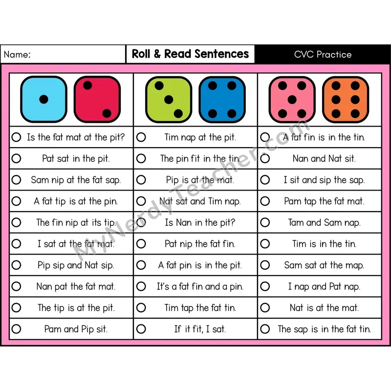 CVC Words — Roll & Read Decodable Sentences (Color)