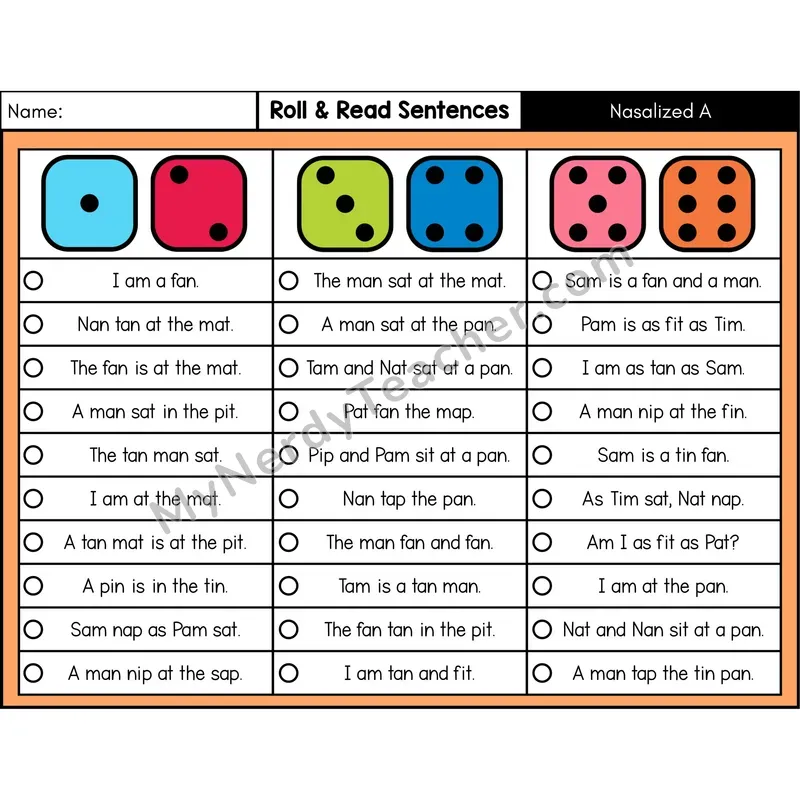 Nasalized A (am, an) — Roll & Read Decodable Sentences (Color)