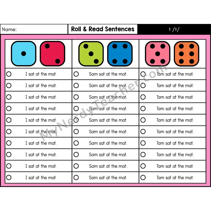Consonant /t/ — Roll & Read Decodable Sentences (Color)