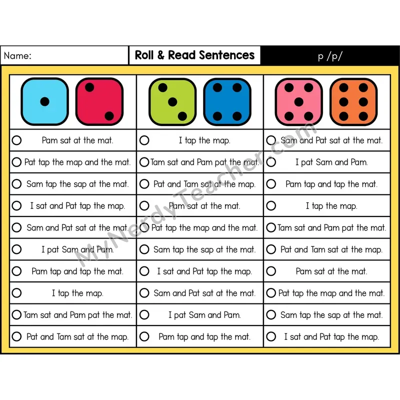 Consonant /p/ — Roll & Read Decodable Sentences (Color)
