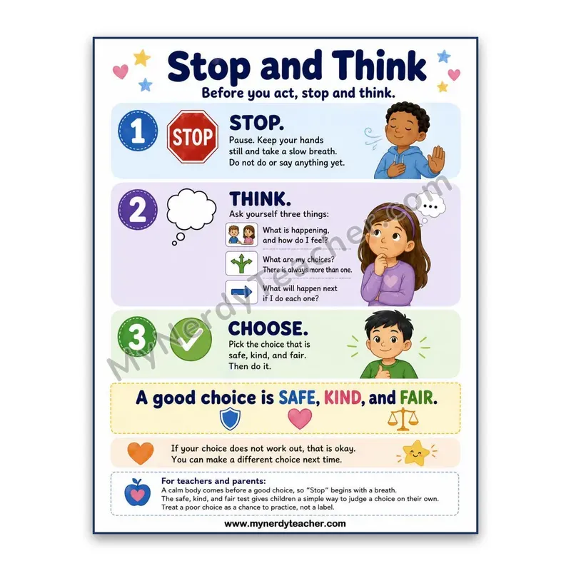 Stop and Think Impulse Control Poster — Safe, Kind, Fair Choices