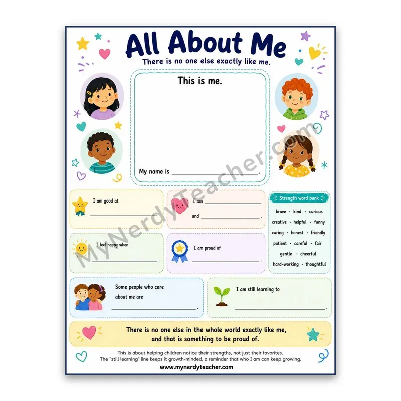 All About Me Worksheet — Self-Esteem & Strengths Activity for Kids