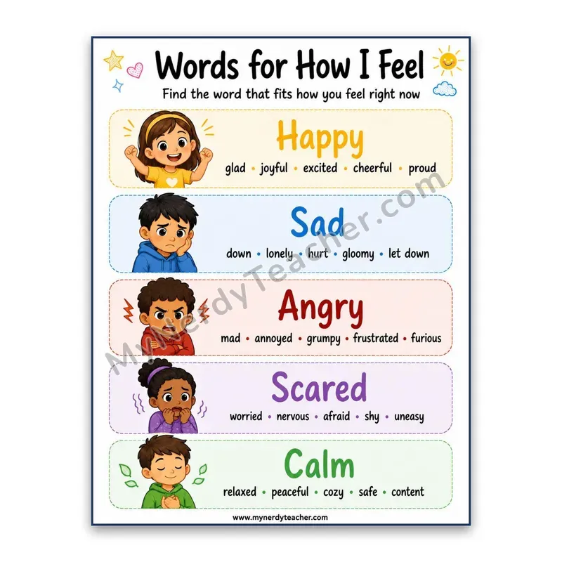 Words for How I Feel Poster — Feelings Vocabulary Word List