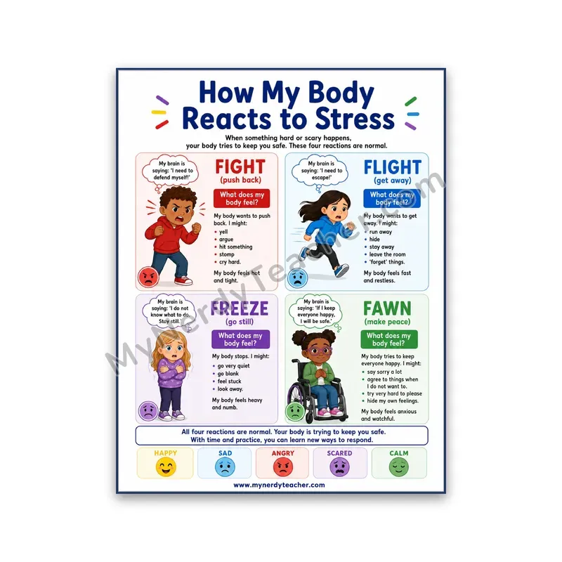 How My Body Reacts to Stress Poster — Fight, Flight, Freeze, Fawn