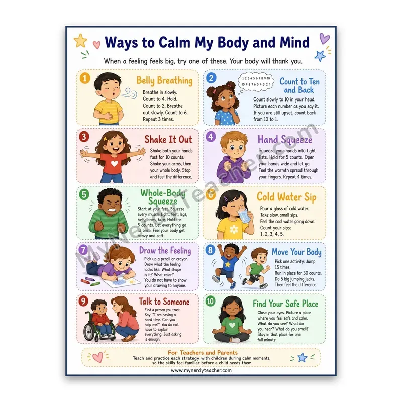 Ways to Calm My Body and Mind Poster — 10 Calming Strategies