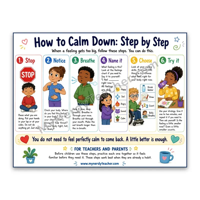 How to Calm Down Step by Step Poster — 6-Step Calming Routine