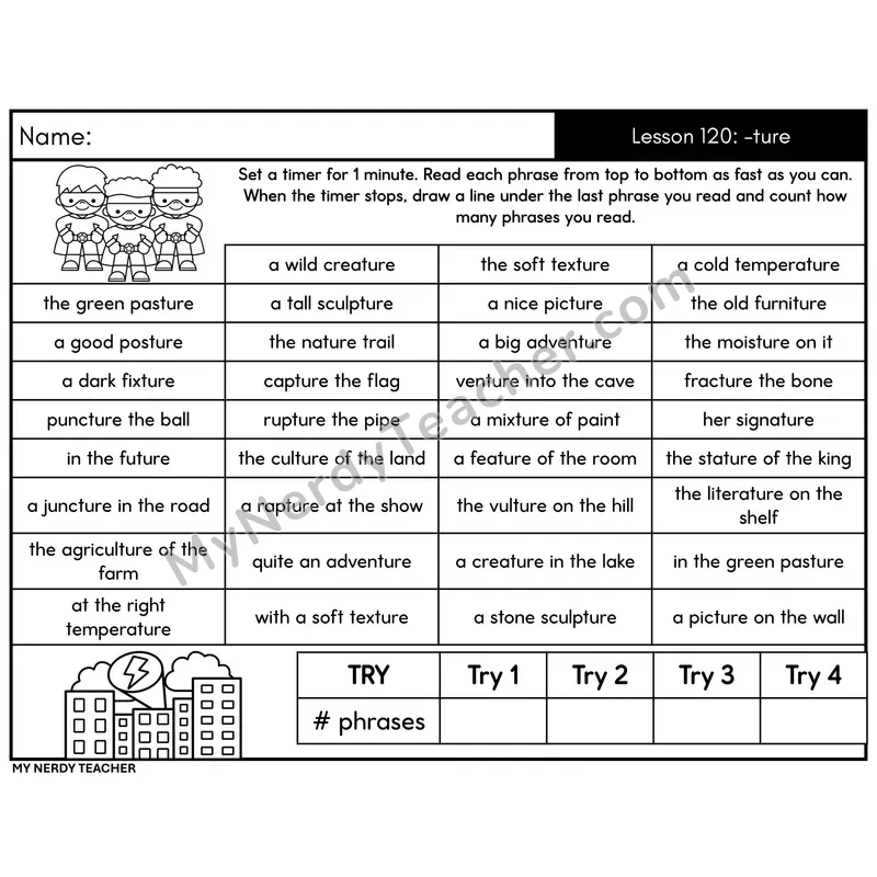Affix -ture Phrase Fluency Drill