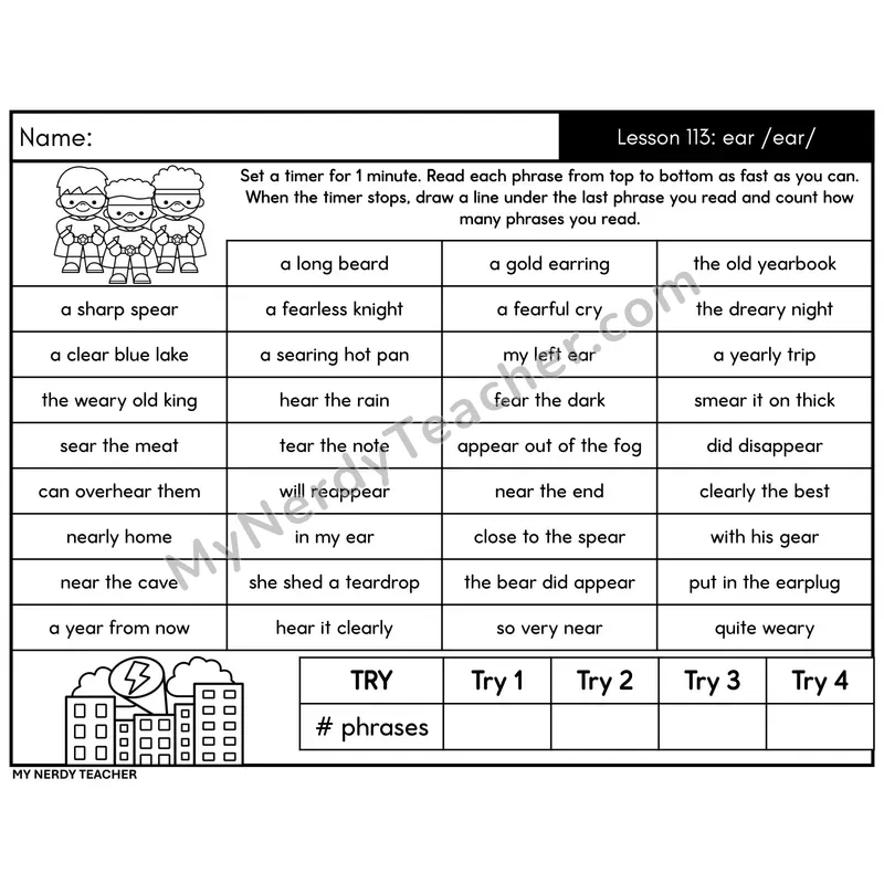 Advanced Phonics ear /ear/ Phrase Fluency Drill