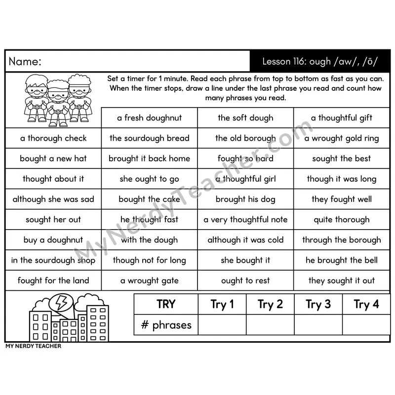 Advanced Phonics ough /aw/, /ō/ Phrase Fluency Drill