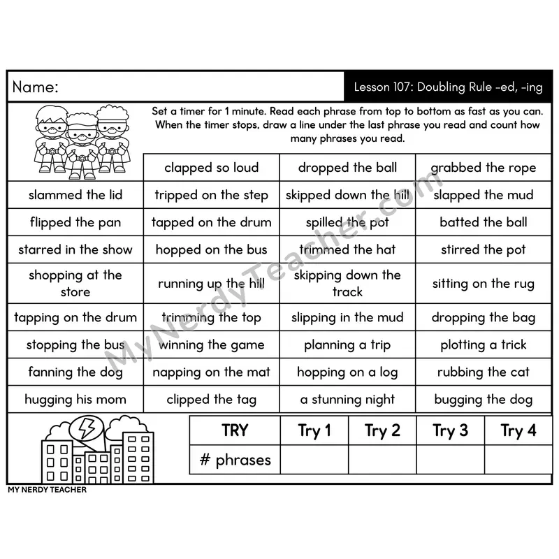 Doubling Rule -ed, -ing Phrase Fluency Drill
