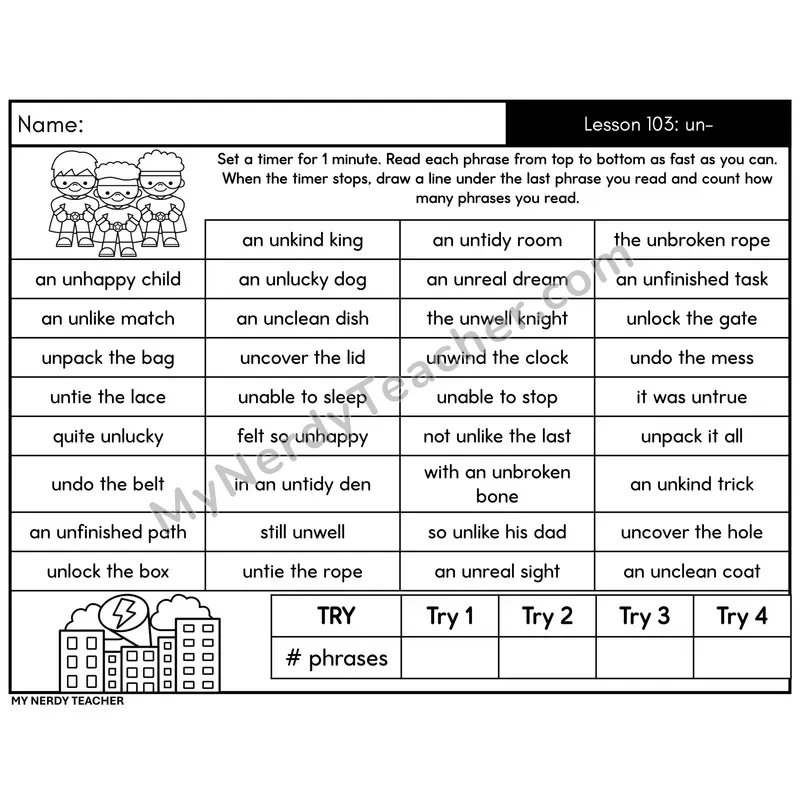 Affix un- Phrase Fluency Drill