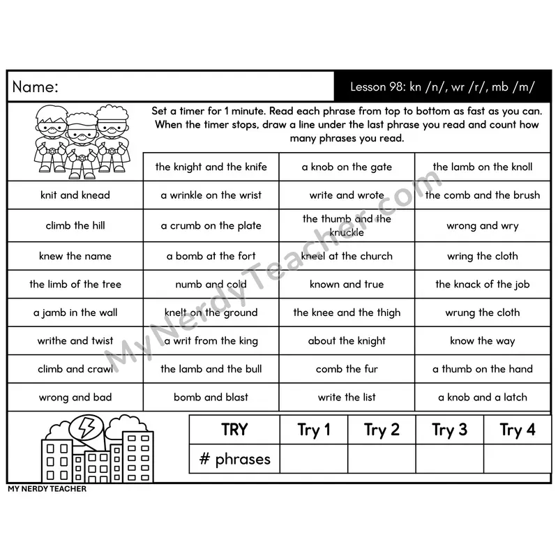 Silent Letters kn, wr, mb Phrase Fluency Drill