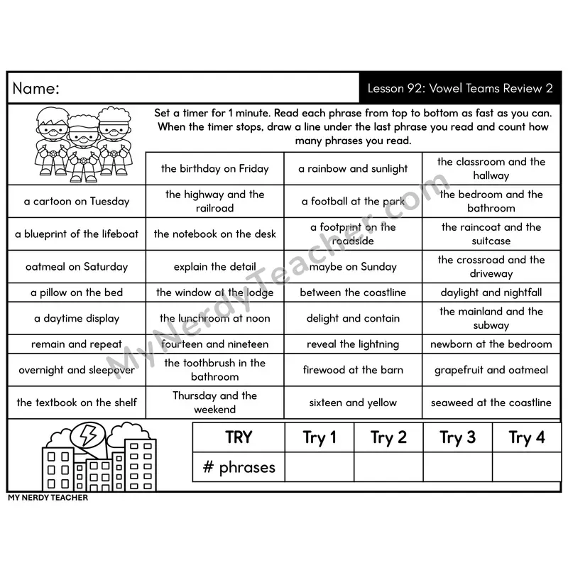 Vowel Teams Review 2 Phrase Fluency Drill
