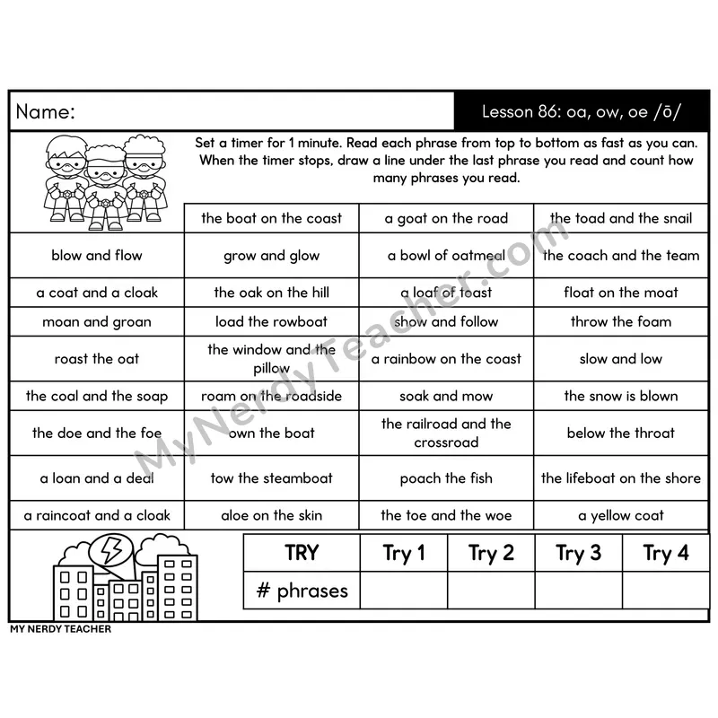 Vowel Team oa, ow, oe /ō/ Phrase Fluency Drill