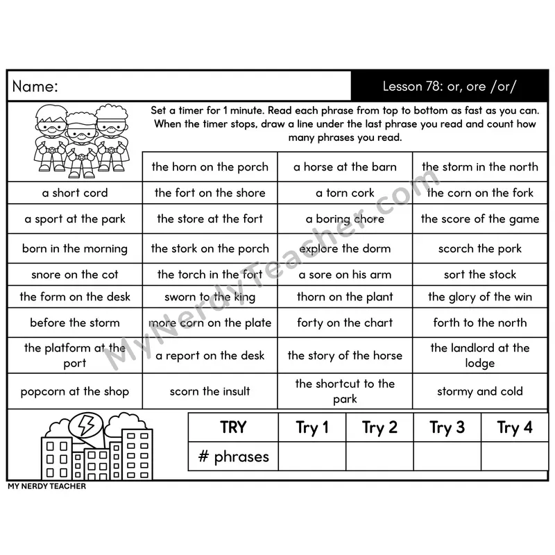 R-Controlled or, ore /or/ Phrase Fluency Drill