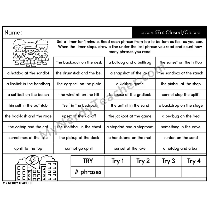 Syllable Closed/Closed Phrase Fluency Drill (Set A)