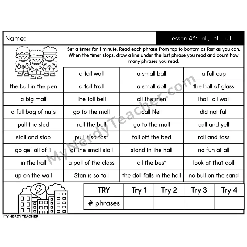 Digraph -all, -oll, -ull Phrase Fluency Drill