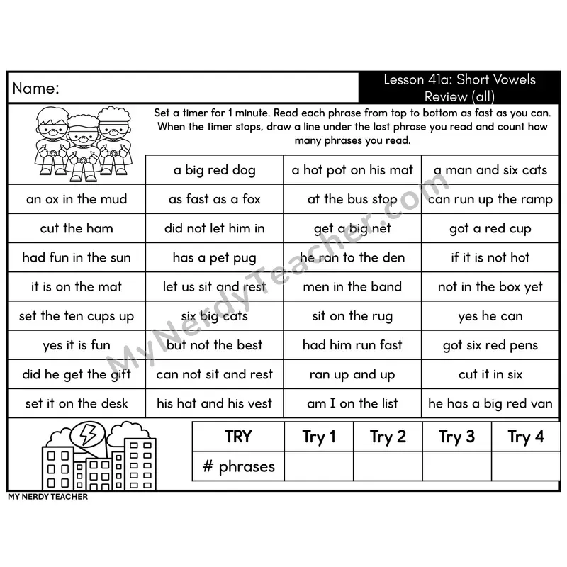 Short Vowels Review Phrase Fluency Drill (Set A)