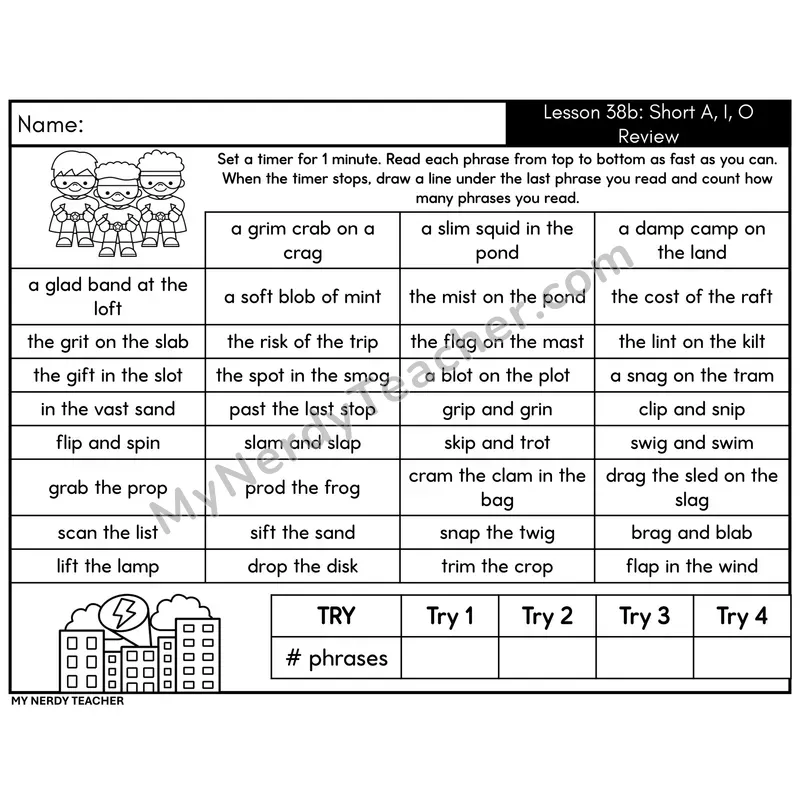 Short A, I, O Review Phrase Fluency Drill (Set B)