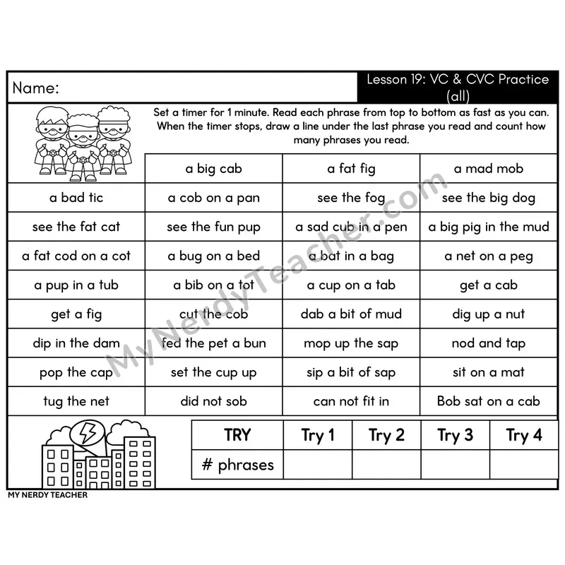 VC & CVC Practice Phrase Fluency Drill