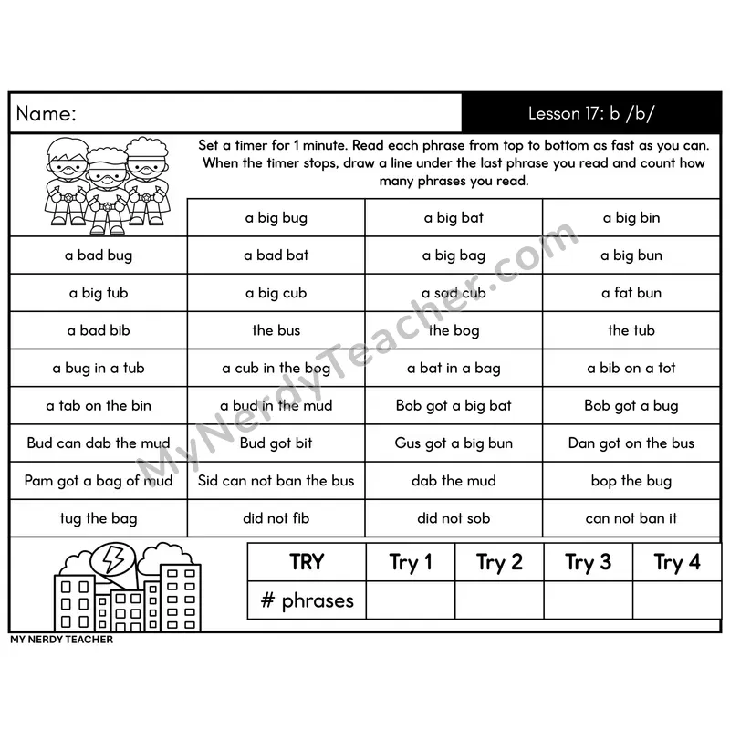 Letter-Sound b /b/ Phrase Fluency Drill