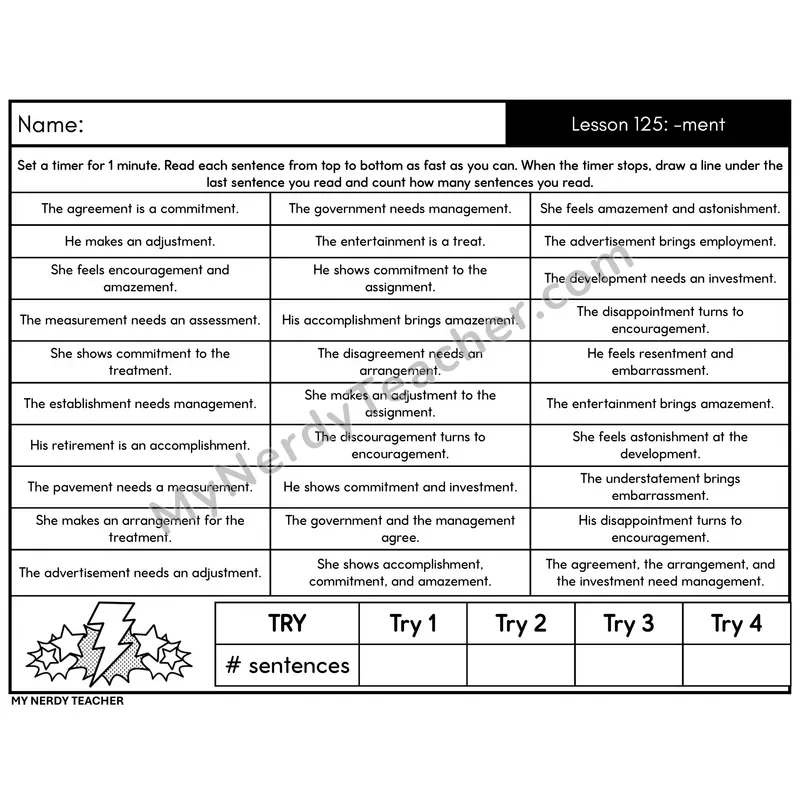 Affix -ment Sentence Fluency Drill