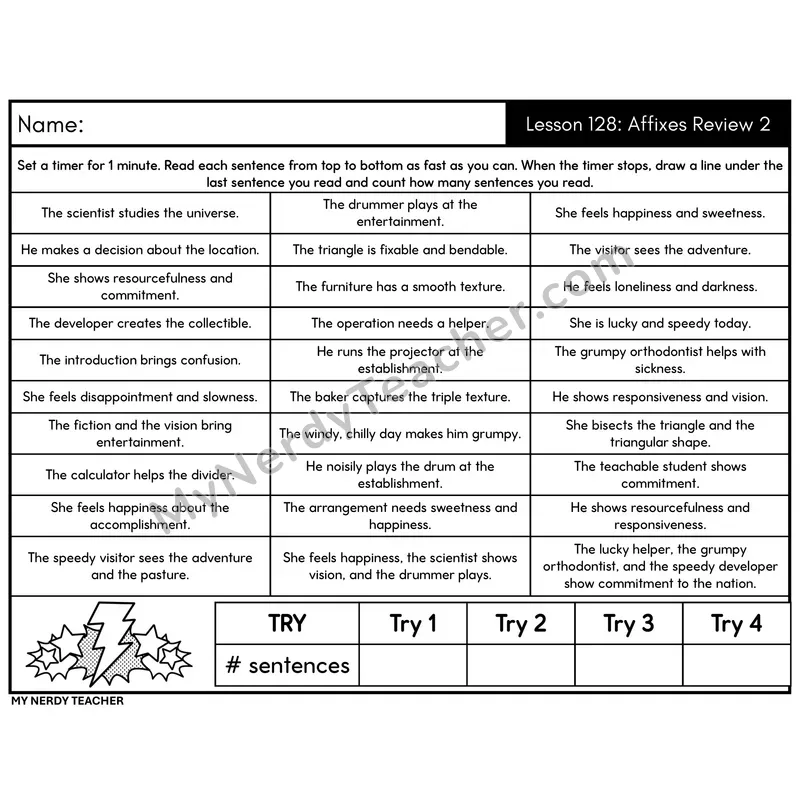 Affixes Review 2 Sentence Fluency Drill