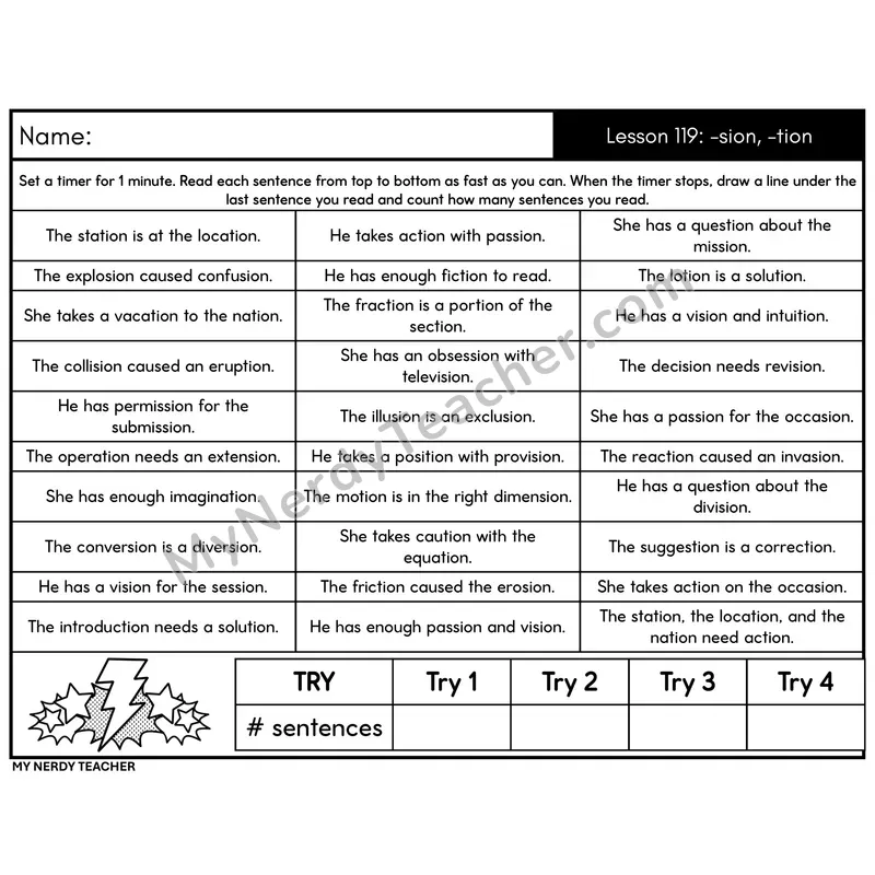 Affix -sion, -tion Sentence Fluency Drill