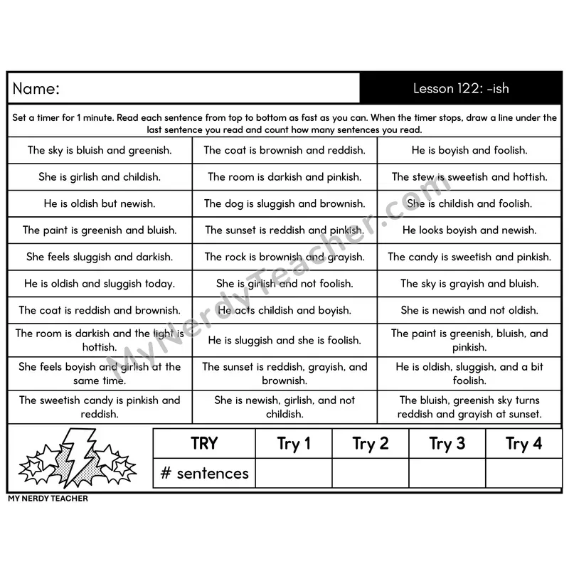 Affix -ish Sentence Fluency Drill