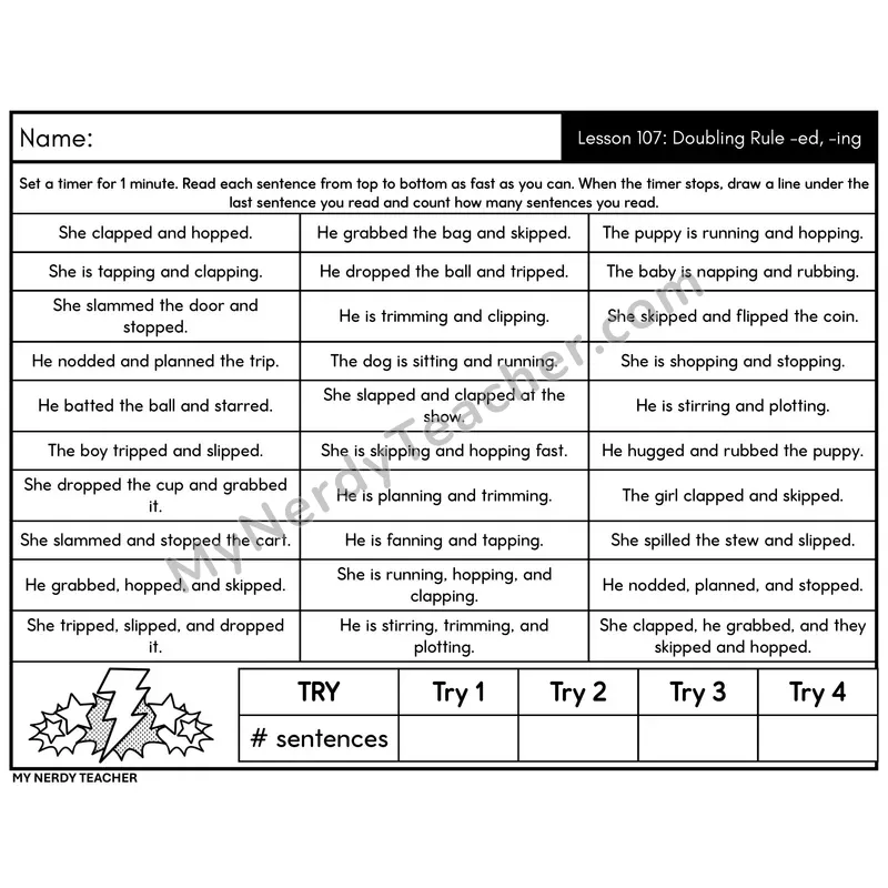 Doubling Rule -ed, -ing Sentence Fluency Drill