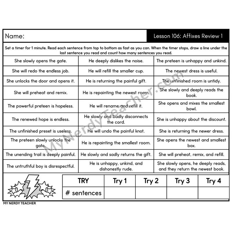 Affixes Review 1 Sentence Fluency Drill