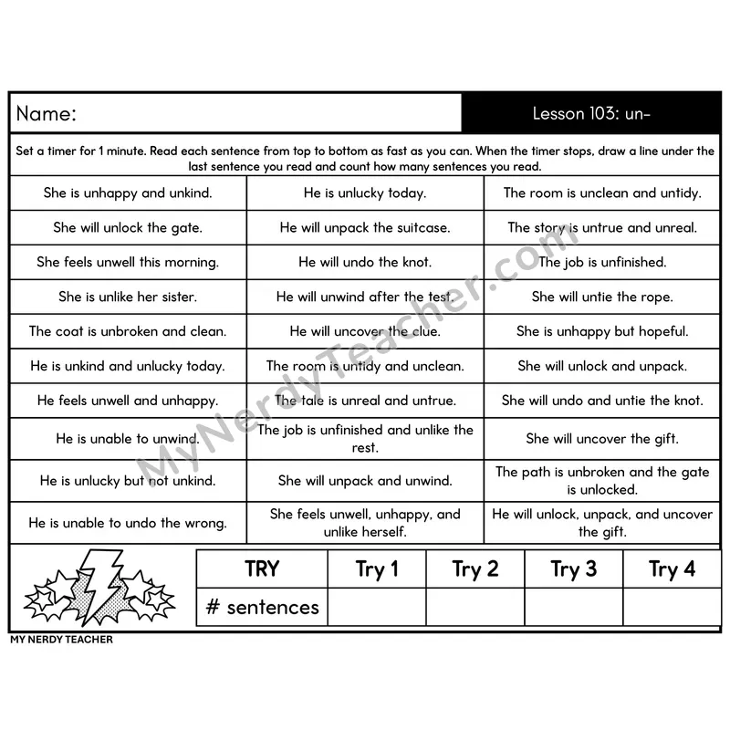 Affix un- Sentence Fluency Drill