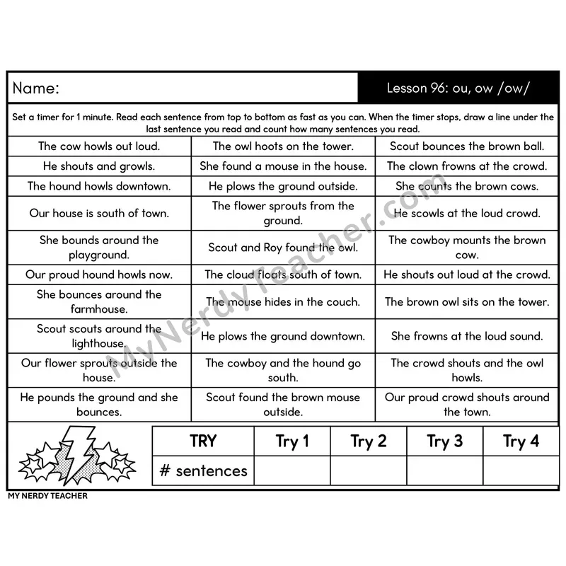 Diphthong ou, ow /ow/ Sentence Fluency Drill