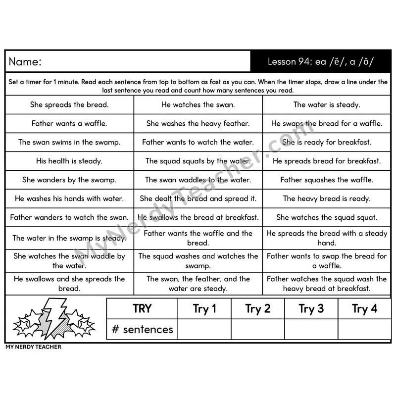 Vowel Team ea /ĕ/, a /ŏ/ Sentence Fluency Drill