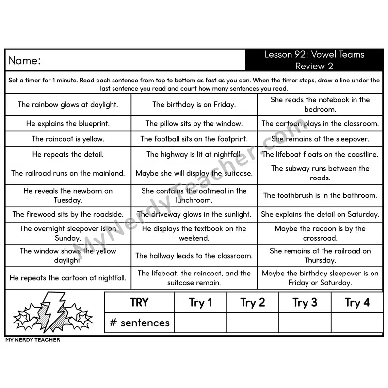 Vowel Teams Review 2 Sentence Fluency Drill