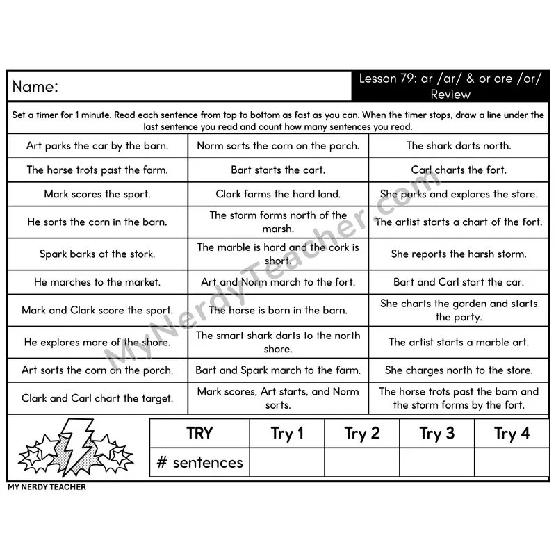 R-Controlled ar & or, ore Review Sentence Fluency Drill