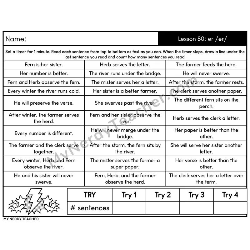 R-Controlled er /er/ Sentence Fluency Drill